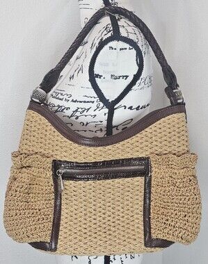 Brighton Women's Woven Jute/Leather Hobo Bag Braided Leather Handle Zip Closure